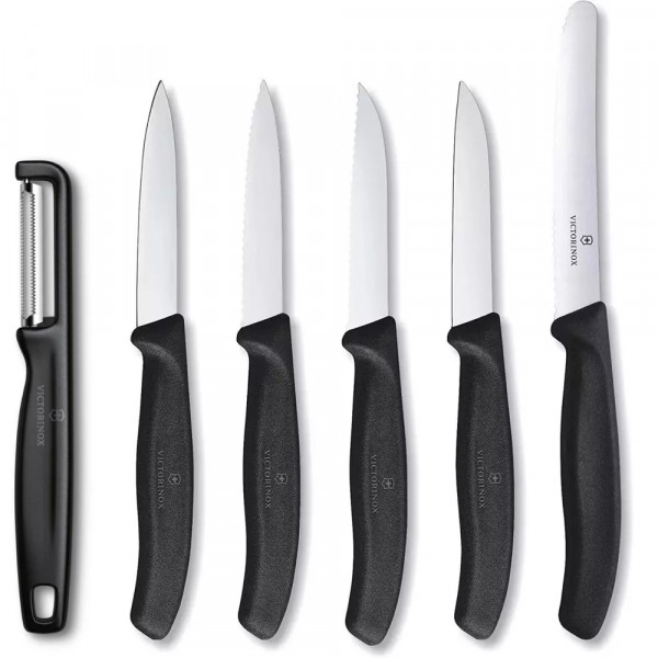 Набір для чистки овочів 6 шт Victorinox Swiss Classic Paring Set 5 ножів, овочечистка, чорний, подарункова коробка (6.7113.61G)