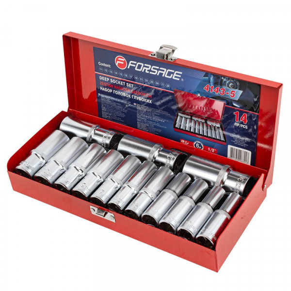 Набір головок глибоких 1/2" 6гр. 14пр. (11-17,19,21-24,27,30) Forsage F-4143-5 Набір головок глибоких 1/2" 6гр. 14пр. (11-17,19,21-24,27,30) Forsage F-4143-5