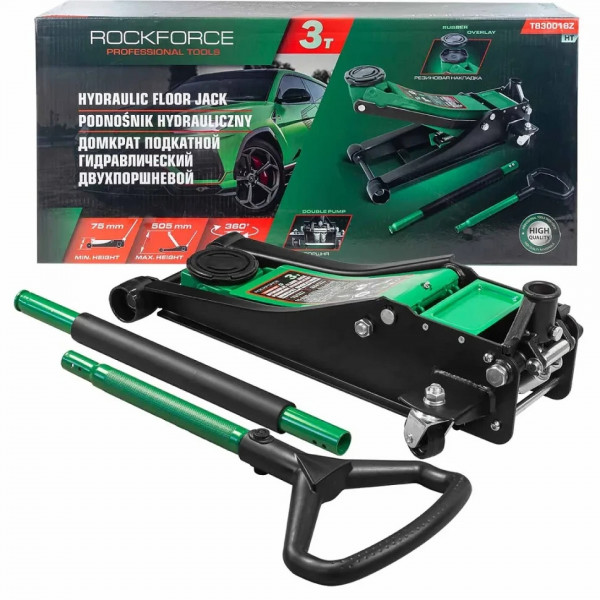 Домкрат 3т (75-505мм) підкатний низькопрофільний двопоршневий Rockforce RF-T830018Z HT