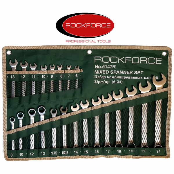 Набір ключів комбінованих універсальних 22пр: комбіновані 16пр( 6-24мм), розрізні 2пр(10х12,11х13мм) ROCKFORCE RF-5147R