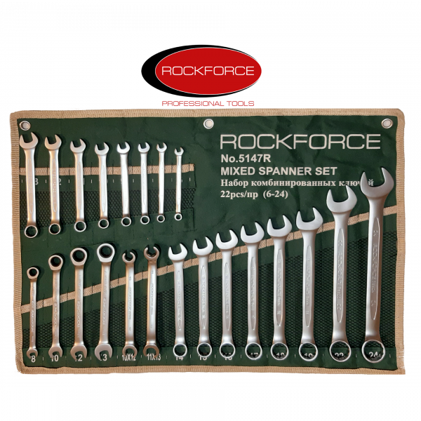 Набір ключів комбінованих універсальних 22пр: комбіновані 16пр( 6-24мм), розрізні 2пр(10х12,11х13мм) ROCKFORCE RF-5147R